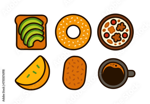 Breakfast icons: bagel, avocado toast, coffee, cereal, croissant, mandarin