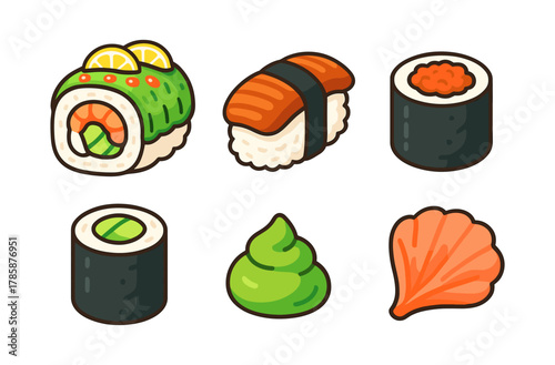 Colorful and stylish japanese cuisine icons - sushi and more