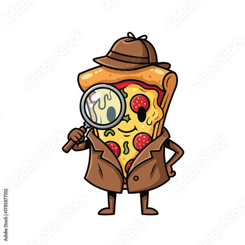 Cartoon pizza detective with magnifying glass funny fast food character in trench coat and hat investigating mystery