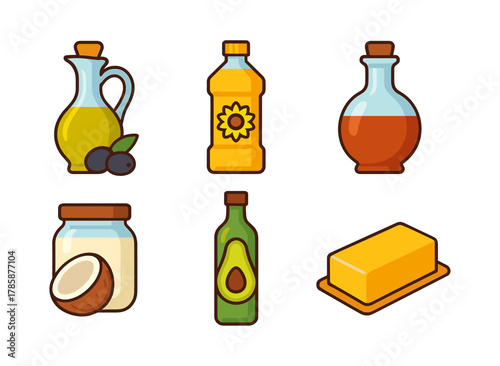 Collection of organic cooking oils and butter bottles in a colorful cartoon style on white background
