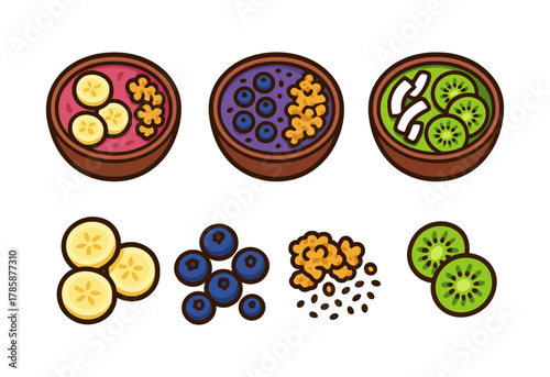 Colorful smoothie bowls with fresh fruit and toppings on white background