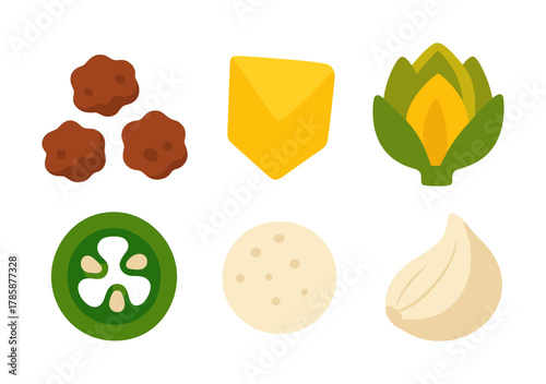 Colorful flat icons of various ingredients including cheese, artichoke, meatballs, and more