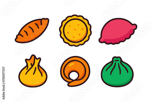 Assorted colorful dim sum icons on white background