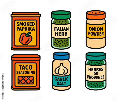 Colorful spice jars featuring herbs and seasonings with bold labels