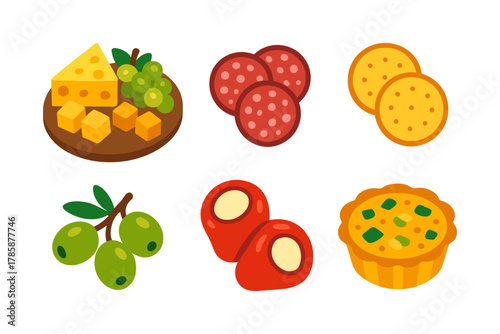 Flat style assorted appetizers: cheese, salami, crackers, olives, peppers, quiche