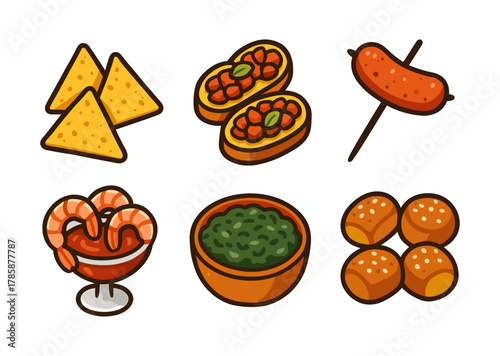 Flat style appetizers set: nachos, bruschetta, sausage, shrimp, spinach dip, pretzel rolls