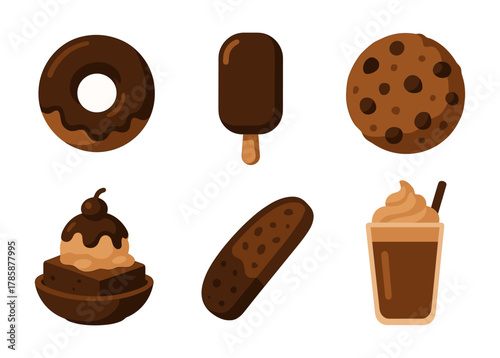 Assorted sweet treats: donut, ice cream, cookie, popsicle, biscotti, milkshake