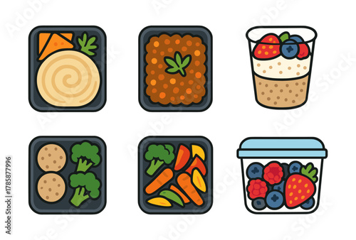 Colorful meal prep containers with fruits and vegetables in flat design