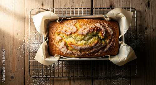 Overhead View of Lemon Poppy Seed Loaf Cooling on Wire