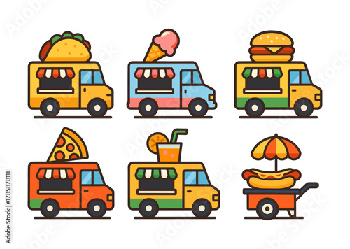 Cute food trucks and carts featuring tacos, ice cream, burgers, pizza, drinks, and hot dogs in colorful flat cartoon style