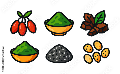 Collection of superfood icons: goji berries, matcha, and more in bold style