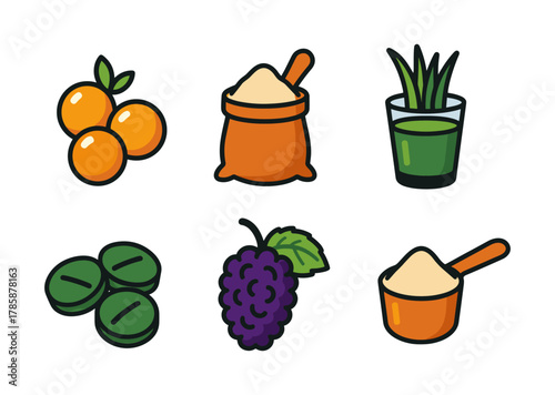 Colorful set of superfood and smoothie ingredients in modern cartoon style