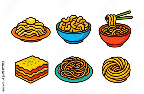 Colorful collection of various pasta dishes in modern flat style