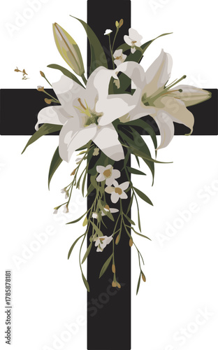 Elegant Black Cross Adorned with a Delicate Spray of White Lilies and Greenery Symbolizing Peace and Remembrance in a Somber yet Beautiful Bundle Design