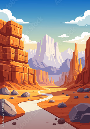 Majestic canyon landscape illustration showcasing towering rock formations under a clear blue sky with a winding path leading to distant mountains