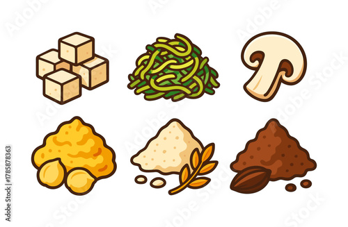 Colorful food ingredients icons showcase: tofu, seaweed, mushroom, chickpeas, rice, chocolate