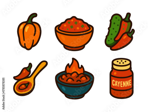 Spicy food icons collection featuring peppers, hot sauce, and spices in vibrant cartoon style