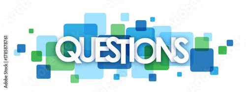 QUESTIONS white typography banner with blue and green overlapping squares on transparent background