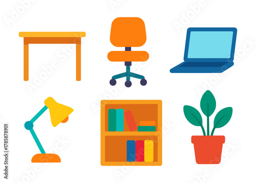 Colorful office furniture icons: desk, chair, laptop, lamp, bookshelf, plant