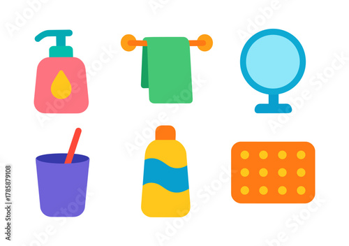 Colorful flat style bathroom essentials collection on white background
