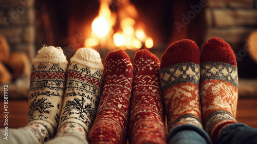 Christmas Xmas Family Holiday Winter. Family in Christmas socks near fireplace. Mother; father and baby having fun together. People relaxing at home.