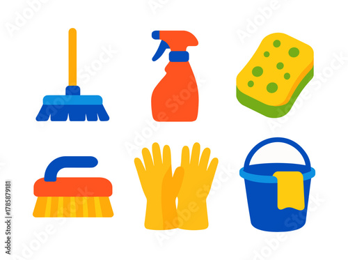 Colorful cleaning tools collection: mop, spray bottle, sponge, brush, gloves, bucket