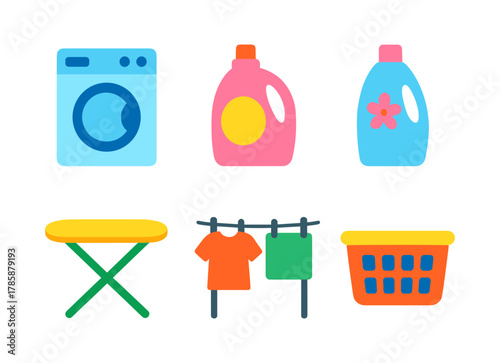 Colorful laundry icons set: washing machine, detergent, and more