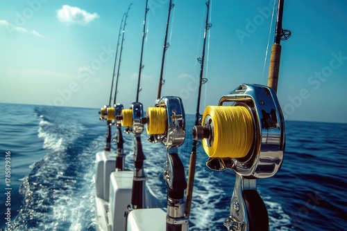 Fishing rods mounted on a boat, ready for deep-sea fishing.