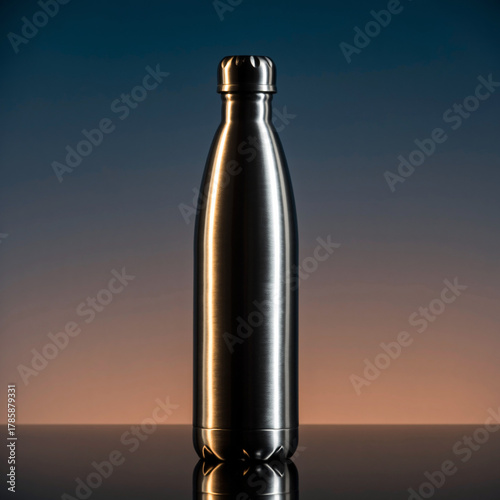 Stainless Steel Water Bottle on Reflective Surface with Gradient Background