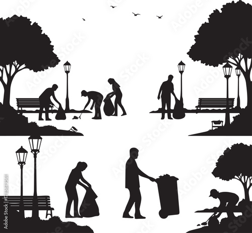Silhouettes of volunteers cleaning up a park on international volunteer day celebration