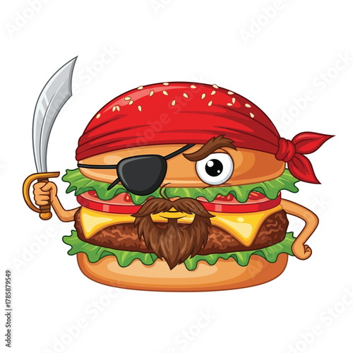 A burger pirate cartoon character, wearing a bandana and eyepatch, holding a sword, ready for adventure