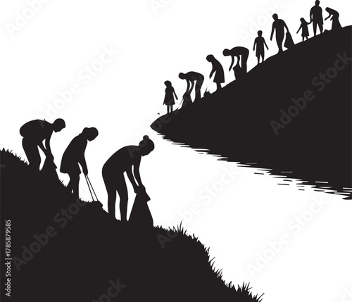 Volunteers cleaning a polluted riverbank on international volunteer day diverse group working together