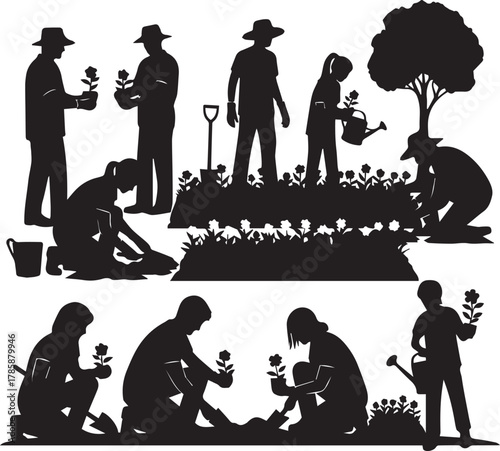 Diverse group of people working together planting flowers and gardening for international volunteer day celebration