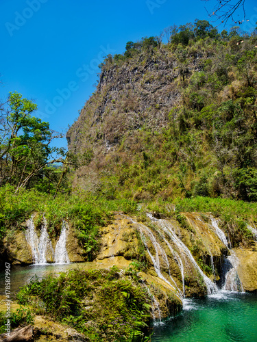 Waterfall at Cahabon River, Semuc Champey Natural Monument, Lanquin, Alta Verapaz Department, Guatemala
