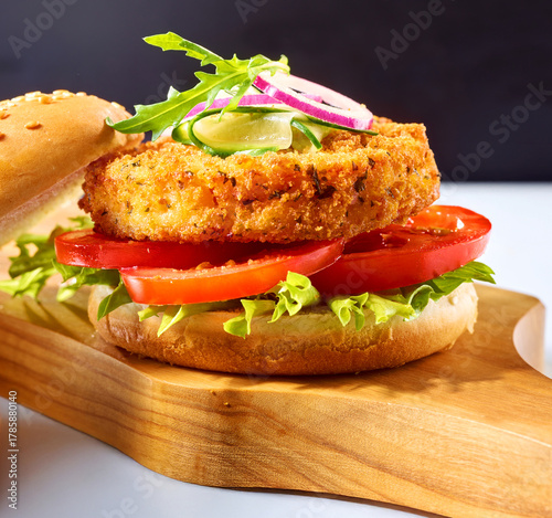 Fotografía Lachsburger mit Tomate Gurke und Salat auf Holzbrett, Fischburger, Tomaten, Burg