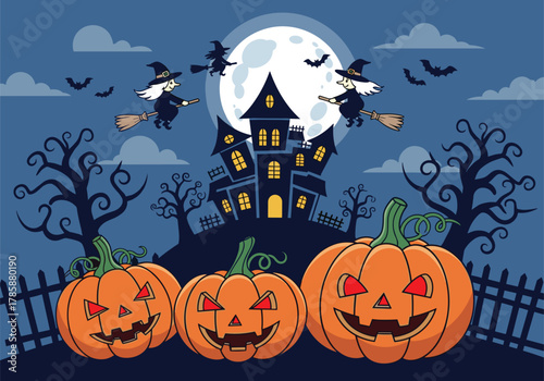 Spooky Halloween scene with haunted house, glowing pumpkins, flying witches, bats, and full moon in eerie nighttime illustration