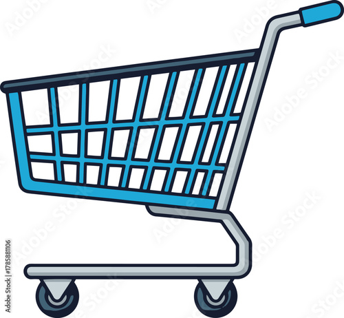 A flat vector illustration of a standard wire shopping cart with blue accents on the basket frame and handle.
