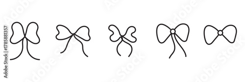 Line gift bow icon .  Minimal hand drawn design for birthday and Christmas present, wedding card, thin black rope, string decoration. 