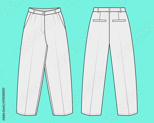 Men’s Relaxed Pleated Trousers Flat Sketch Front and Back Technical Drawing