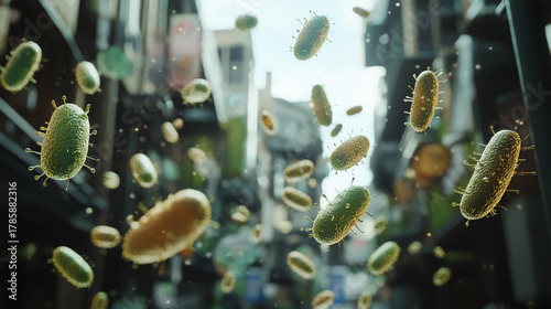 3D render of floating microorganisms in crowded outdoor space, urban pathogen concept