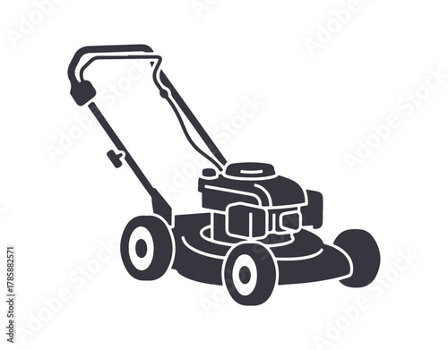 Rotary lawn mower engine depicted in an outline style. Grass cutter symbol. Vector illustration of a gardening machine silhouette.