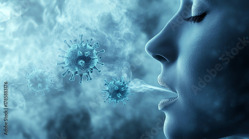 Germs and droplets floating near people s breath in winter chill, respiratory transmission concept