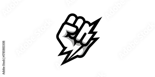 Stylized black fist with grey highlights clenching a lightning bolt on white background