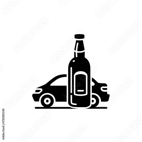 Black silhouette of a car and an alcohol bottle, representing drunk driving