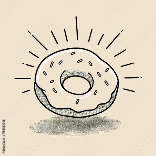 Vibrant, hand-drawn frosted donut with sprinkles and radiating lines on a textured background