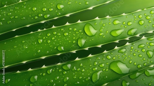 Close-up view of a wet aloe vera leaf with water drops showcasing its texture and sharp edges, perfect for nature and botanical themes in stock photography