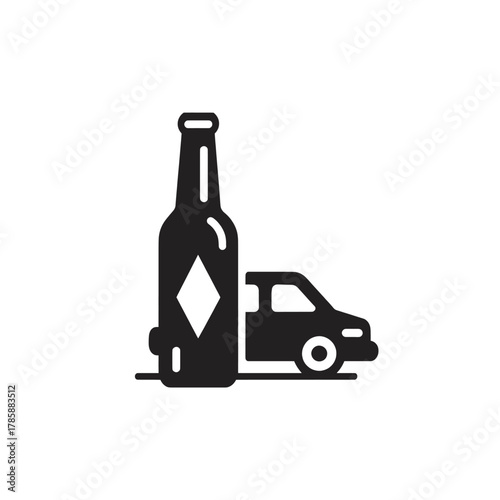 Black icon of a bottle standing next to a car, symbolizing responsible driving or delivery