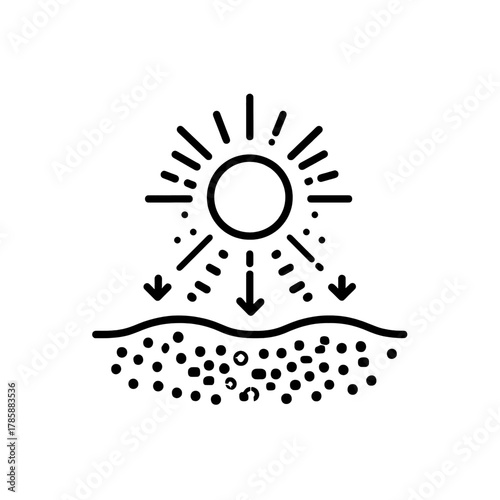 Outline icon of sun emitting rays onto a surface, indicating absorption or effect