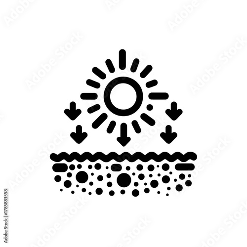 Sun icon with rays hitting a protective wavy surface and particles below