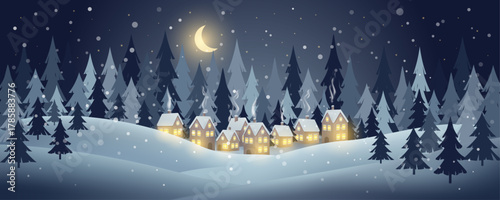 Cozy winter village nestled in a snowy forest at night. Landscape with houses, pine trees, falling snow, and a crescent moon. Editable vector illustration.